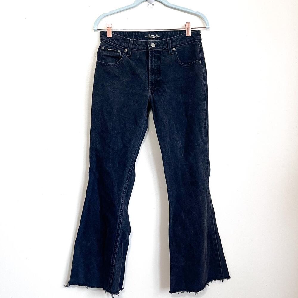 Vintage LEI Womens Jeans Size 7 Black Flare Wide Leg Boot Raw Hem Denim Y2K 2000